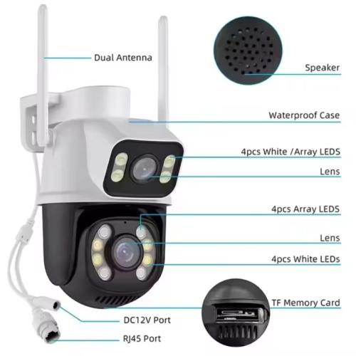 Outdoor Camera Dual Lens AI Auto Tracking ICSee 6MP HD WiFi PTZ Dome Two-Way Audio Built-in Siren Network NVR IP Security Camera