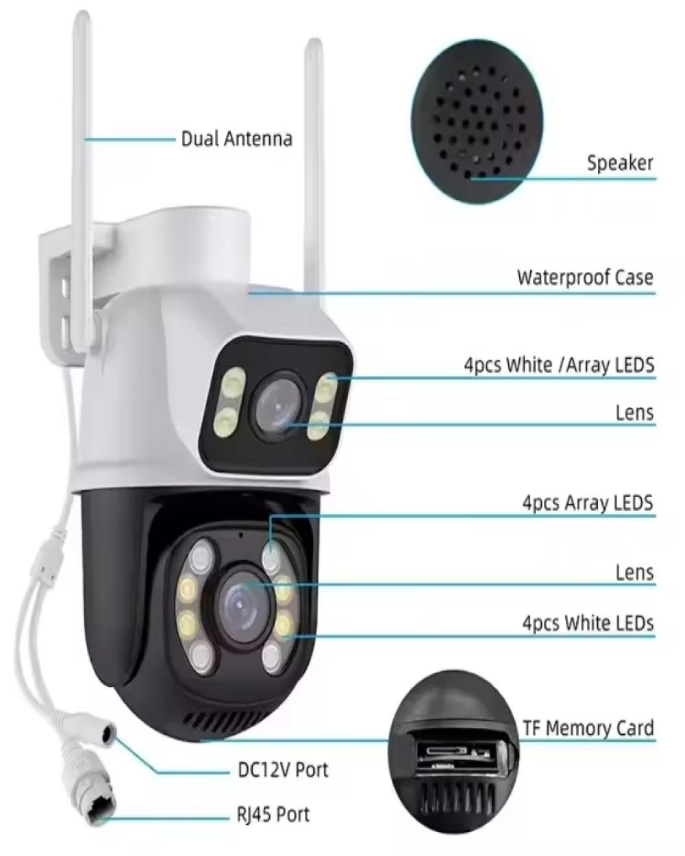 Outdoor Camera Dual Lens AI Auto Tracking ICSee 6MP HD WiFi PTZ Dome Two-Way Audio Built-in Siren Network NVR IP Security Camera